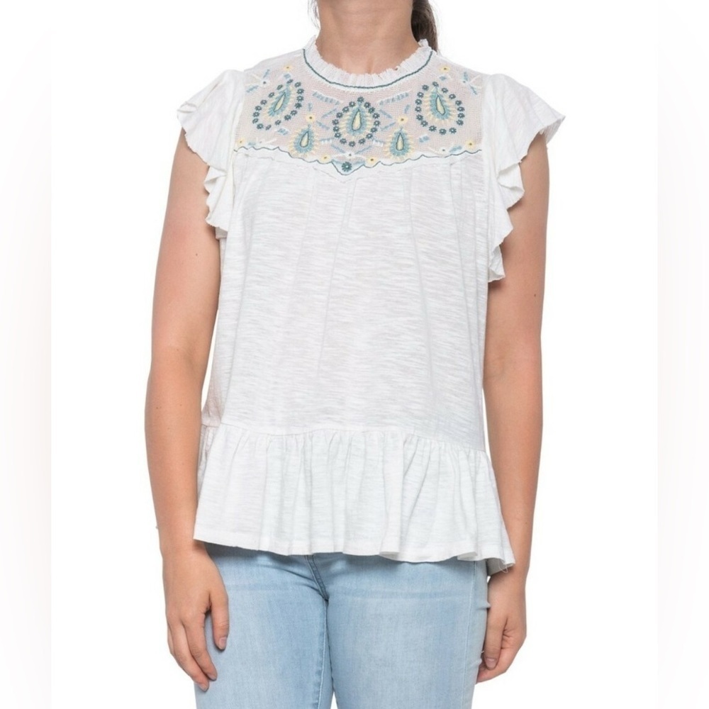 Lucky Brand Women's Embroidered Yoke Ruffled Short Sleeve Shirt Size S Rn#80318